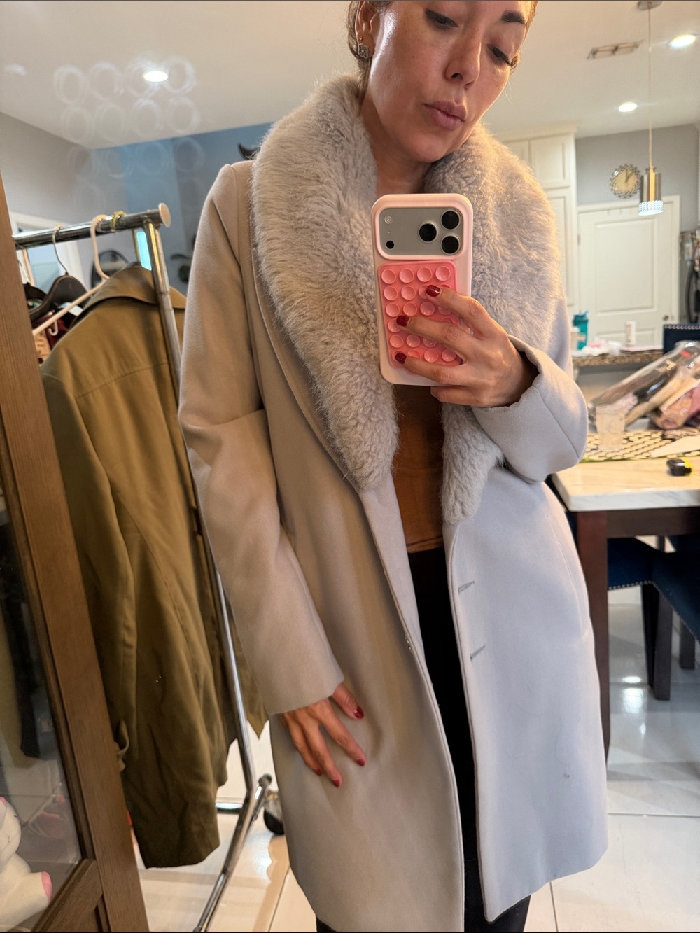 Guess Cream Trench Coat with Plush Faux Fur Collar